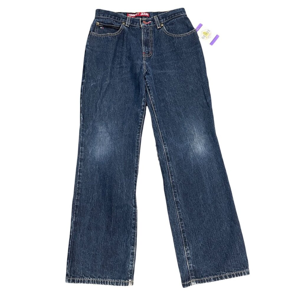 Vintage y2K Tommy Jeans Youth 14 Flare Leg Jeans Dark Wash Flag Logo 100% Cotton